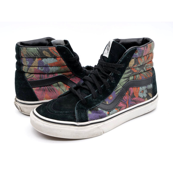 Vans Sk8 Hi Sneakers Womens 5.5 Black Suede Floral Print High Top Lace Up Shoes - Picture 1 of 11